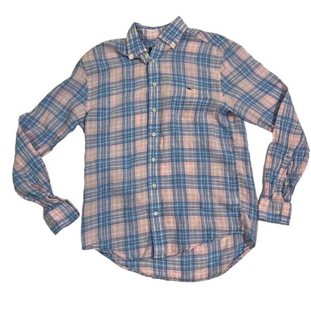 Closet Closing Sale! Vineyard Vines men's shirt M blue pink plaid long sleeve bu